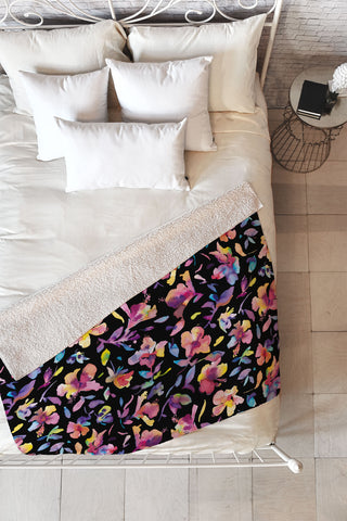 Ninola Design Watercolor Hibiscus Floral Dark Fleece Throw Blanket