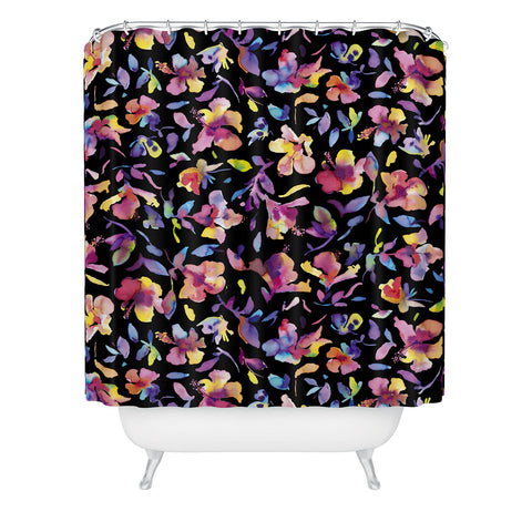 Ninola Design Watercolor Hibiscus Floral Dark Shower Curtain