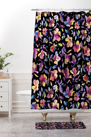 Ninola Design Watercolor Hibiscus Floral Dark Shower Curtain And Mat