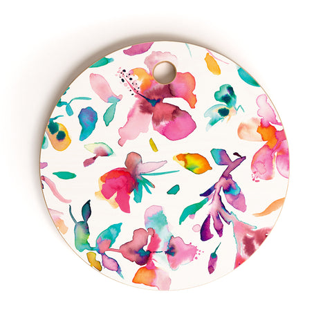Ninola Design Watercolor Hibiscus Floral Pink Cutting Board Round