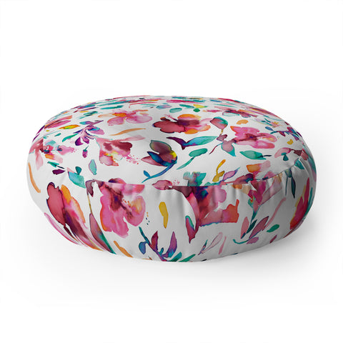 Ninola Design Watercolor Hibiscus Floral Pink Floor Pillow Round