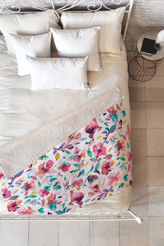 Ninola Design Watercolor Hibiscus Floral Pink Fleece Throw Blanket