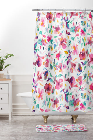 Ninola Design Watercolor Hibiscus Floral Pink Shower Curtain And Mat