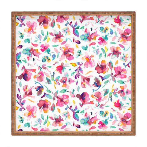 Ninola Design Watercolor Hibiscus Floral Pink Square Tray