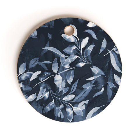 Ninola Design Watercolor Leaves Blue Navy Cutting Board Round