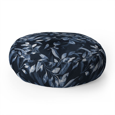 Ninola Design Watercolor Leaves Blue Navy Floor Pillow Round