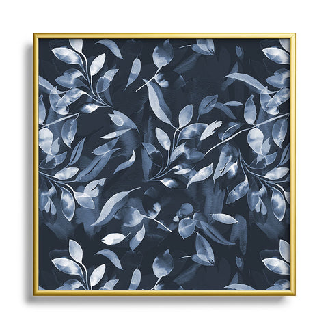 Ninola Design Watercolor Leaves Blue Navy Square Metal Framed Art Print