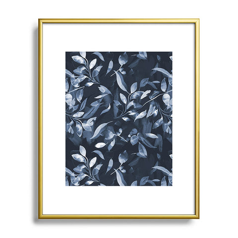 Ninola Design Watercolor Leaves Blue Navy Metal Framed Art Print