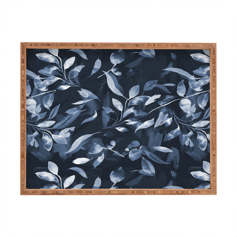 Ninola Design Watercolor Leaves Blue Navy Rectangular Tray