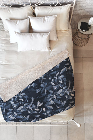 Ninola Design Watercolor Leaves Blue Navy Fleece Throw Blanket