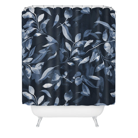 Ninola Design Watercolor Leaves Blue Navy Shower Curtain