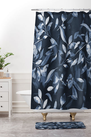 Ninola Design Watercolor Leaves Blue Navy Shower Curtain And Mat