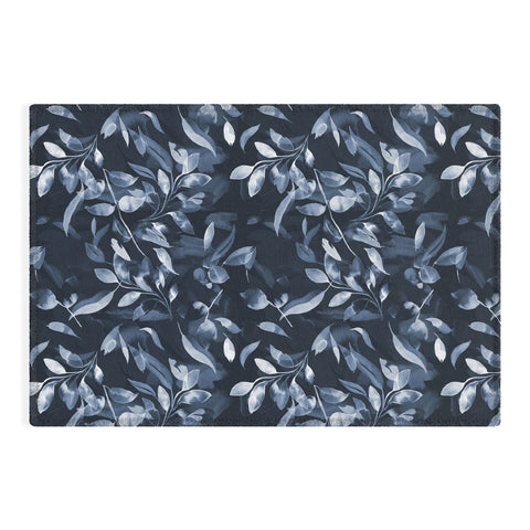Ninola Design Watercolor Leaves Blue Navy Outdoor Rug