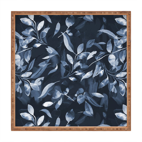 Ninola Design Watercolor Leaves Blue Navy Square Tray