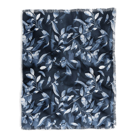 Ninola Design Watercolor Leaves Blue Navy Throw Blanket