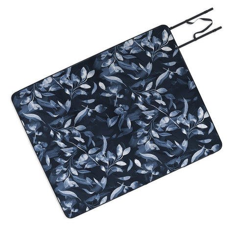 Ninola Design Watercolor Leaves Blue Navy Picnic Blanket