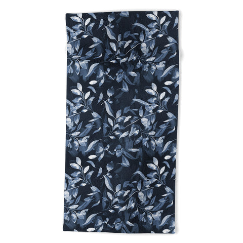 Ninola Design Watercolor Leaves Blue Navy Beach Towel