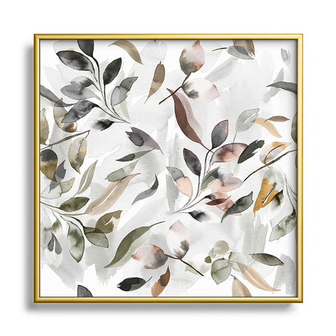 Ninola Design Watercolor Leaves Green gray Metal Square Framed Art Print