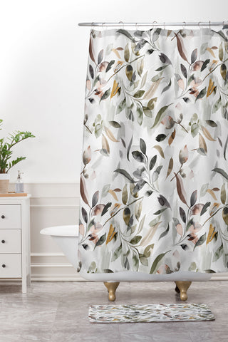 Ninola Design Watercolor Leaves Green gray Shower Curtain And Mat