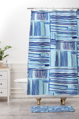 Ninola Design Watercolor Linear Blue Shower Curtain And Mat