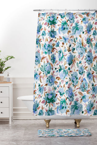 Ninola Design Watercolor Peonies Sky Blue Shower Curtain And Mat