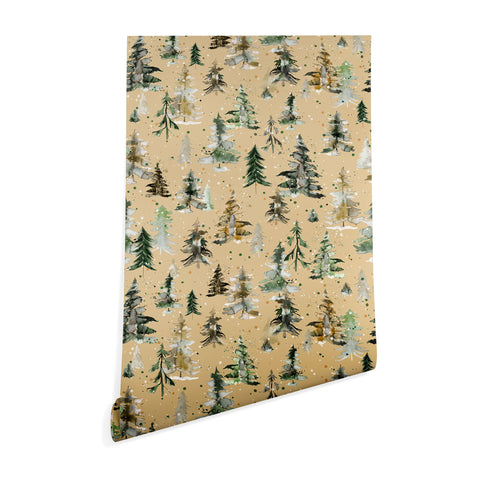 Ninola Design Watercolor Pines Spruces Beige Wallpaper