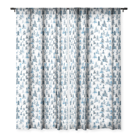 Ninola Design Watercolor Pines Spruces Blue Sheer Window Curtain