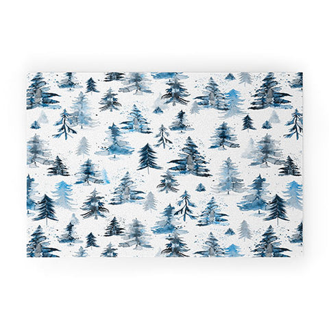 Ninola Design Watercolor Pines Spruces Blue Welcome Mat