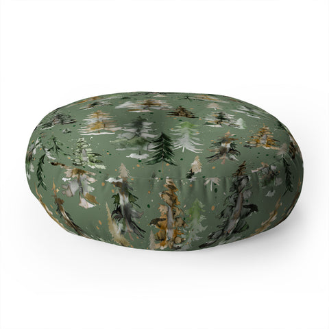 Ninola Design Watercolor Pines Spruces Green Floor Pillow Round