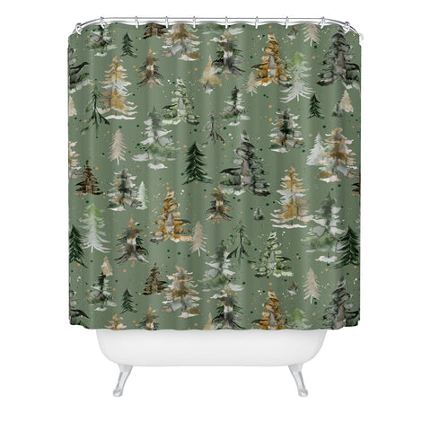 Ninola Design Watercolor Pines Spruces Green Shower Curtain