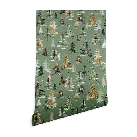Ninola Design Watercolor Pines Spruces Green Wallpaper