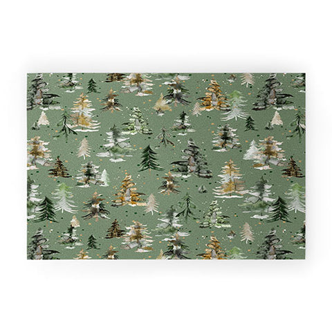 Ninola Design Watercolor Pines Spruces Green Welcome Mat