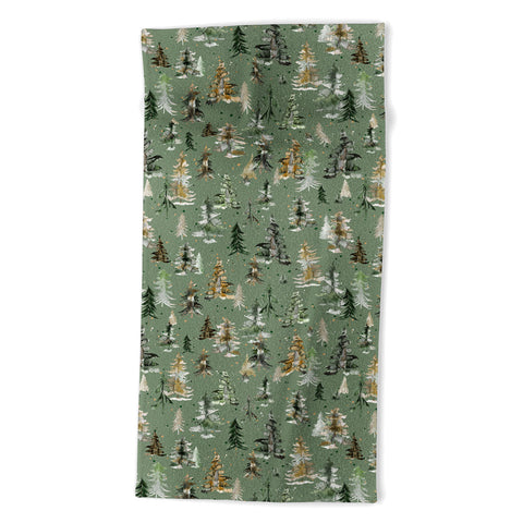 Ninola Design Watercolor Pines Spruces Green Beach Towel
