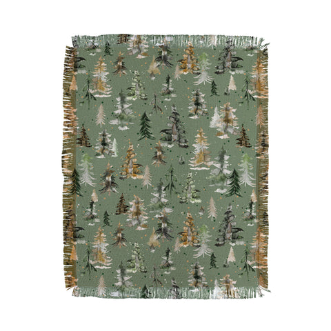 Ninola Design Watercolor Pines Spruces Green Throw Blanket