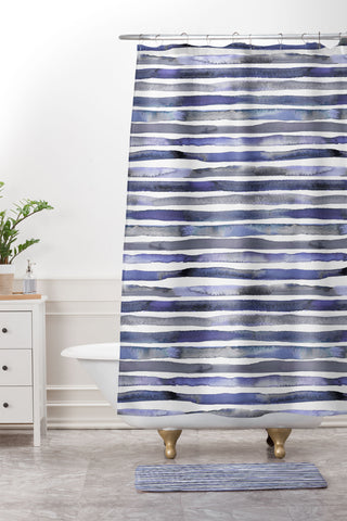 Ninola Design Watercolor stripes blue Shower Curtain And Mat