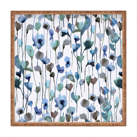 Ninola Design Watery Abstract Flowers Blue Square Tray