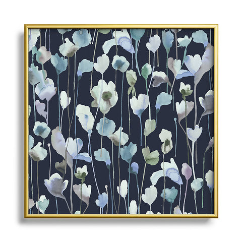 Ninola Design Watery Abstract Flowers Navy Square Metal Framed Art Print