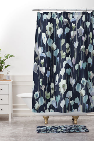 Ninola Design Watery Abstract Flowers Navy Shower Curtain And Mat