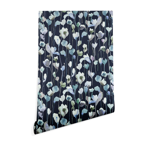 Ninola Design Watery Abstract Flowers Navy Wallpaper