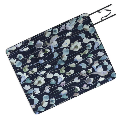 Ninola Design Watery Abstract Flowers Navy Picnic Blanket