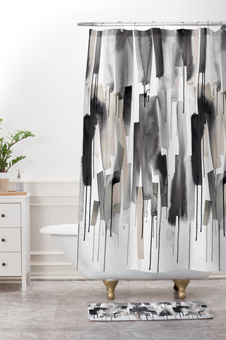 Ninola Design Watery stripes Japandi Black Shower Curtain And Mat
