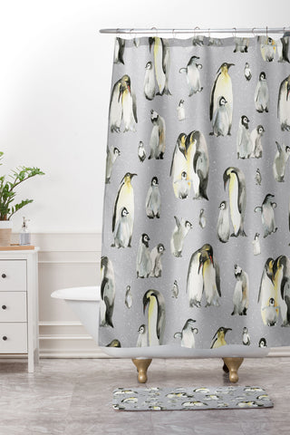Ninola Design Winter Cute Penguins Gray Shower Curtain And Mat