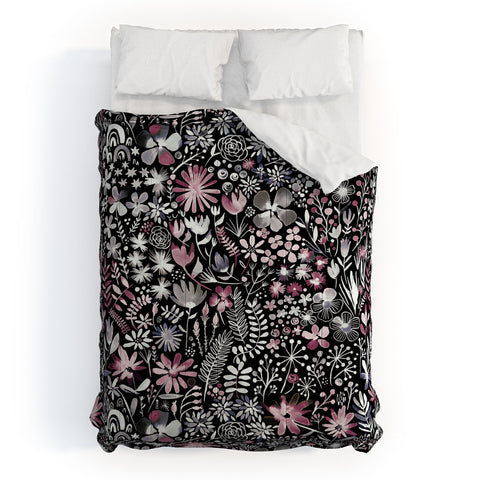 Ninola Design Winter Ink Flowers Dark Comforter