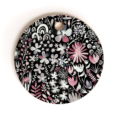 Ninola Design Winter Ink Flowers Dark Cutting Board Round