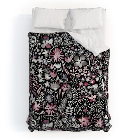 Ninola Design Winter Ink Flowers Dark Duvet Cover