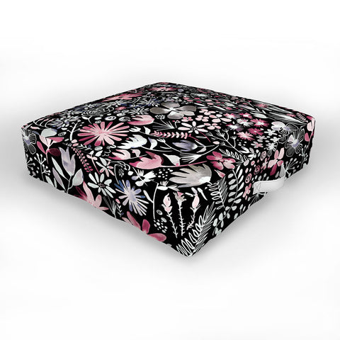 Ninola Design Winter Ink Flowers Dark Outdoor Floor Cushion