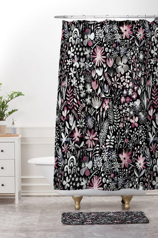 Ninola Design Winter Ink Flowers Dark Shower Curtain And Mat