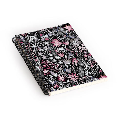 Ninola Design Winter Ink Flowers Dark Spiral Notebook