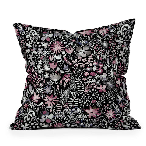 Ninola Design Winter Ink Flowers Dark Throw Pillow
