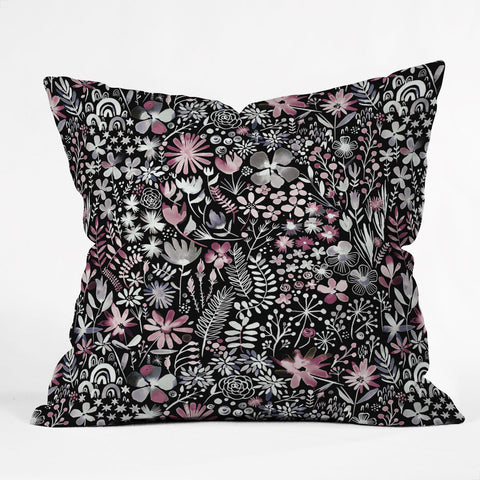 Ninola Design Winter Ink Flowers Dark Outdoor Throw Pillow
